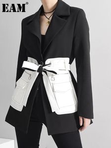 Eam kadın siyah kontrast renk cep blazer yaka uzun kollu gevşek fit ceket moda sonbahar 1S39401 240108
