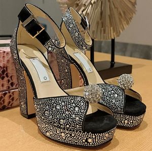 Toppkvalitetsdesigners Sandaler Rhinestone Heels Womens skor Summer Fashion Crystal Studd Platform Sandal Open Toe High Block Heel Elegant Bling Shoes