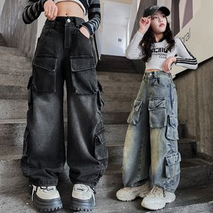 Calças jeans jazz para dança de rua, meninas grandes, crianças, bolso hip hop, calças cargo, primavera 2024, adolescentes, calças soltas de cowboy, pernas largas z6591