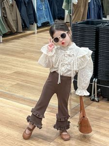 Sweet Girls Floral Embroidery Shirts Kids Double Falbala Tassel Buckle Blue 2024 Spring Children Flare Sleeve Princess Tops Z6615