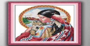 Indian girl woman and dog paintng style Cross Stitch Needlework Sets Embroidery kits paintings counted printed on canvas DMC 14C1389690