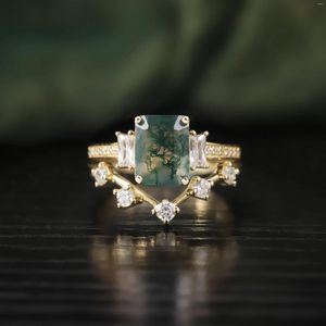 Cluster Rings GEM'S BALLET Moss Agate Three Stone Engagement Ring Set Unique Curved Wedding Band Bridal 925 Sterling Silver