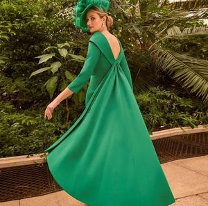 Elegant Green Sheath Evening Pageant Dress 2024 Boat Neck 3/4 Sleeves Backless Big Bow Tea Length Satin Prom Party Gowns Robe De Soiree