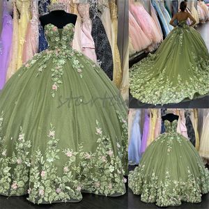 Mexikansk tema gröna quinceanera klänningar 2024 charro bollklänning 3d blommor paljett söt 16 klänning femton dansparty klänning rosa blommor para lyx vestidos de 15 anos