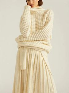 Saias conjunto para mulher 2024 lã cashmere gola alta solta elegante manga longa camisola ou cintura alta saia casual plissada