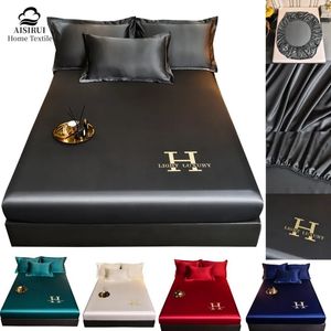 Satin Silk Fitted Bed Sheet Solid Color Elastic Washable Bedspread Ice Cool Summer Mattress Cover 180x200 for Home Bedroom Decor 240109