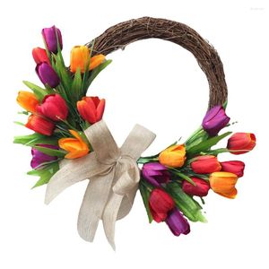 Decorative Flowers Artificial Tulip Flower Wreath For Front Door With Colorful Tulips And Green Leaves Simulation Spring