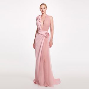 Chic Pink Halter Evening Dresses V Neck Backless Ruffled Satin and Tulle Prom Dress Sweep Train Vestidos Para Mujer 326 326