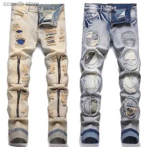 Jeans da uomo EHMD Stitch Emot Jeans Uomo Filo raschiato Collant dimagrante sfumato bianco Cotone Zip alta elastica Ginocchio Ricamo 3D 23 T240109