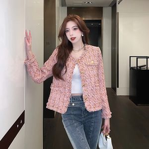 Autumn Winter Vintage Pink Tweed Weave Jacket Coat Women Small Fragrance Korean Tassel Woollen Coats Elegant Outerwear 240109