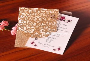 2020 Gül altın ışıltılı lazer kesim düğün partisi davetiyeleri elmas parlayan akşam yemeği davet ediyor Özelleştirilmiş baskı quinceanera ca3978137