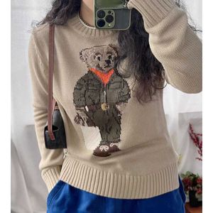 새로운 rl 작은 곰 패턴 직조 꽃 자수 니트웨어 여성 캐주얼 둥근 목이 긴 소매 니트 풀오버 스웨터