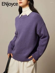 Kvinnors tröjor Annjutar Autumn Winter Women Vintage Purple All Wool Sweater Knit Pullover Korean Fashion Round Neck Knitwear