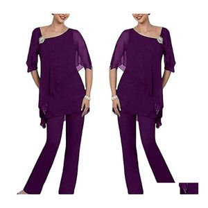 Garnitury Mother of the Bride Suits Purple dwa kawałki spust warstwowy IrregUal 1/2 długie rękawy szyfon plus size ślubna sukienka gościa upuszcza delikates