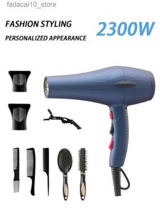 Hair Dryers 220V Blue Hair Dryer And Nozzle Eu Blow Drier Hair Comb Brush 2300W Power Professional Hairdressing Equipment Styling Tools Q240109