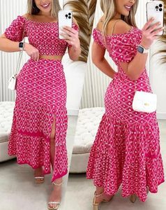 Work Dresses Women's Skirt Suit 2024 Geometric Print Parallel Crepe Off-Shoulder Short-Sleeved Top & Slit Bag Hip Maxi Famale