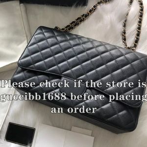 12A Definite Designer-Maxi-Tasche mit doppelter Klappe in Spiegelqualität, 33 cm, Damen-Handtaschen aus echtem Leder, Kaviar-Lammfell, gesteppt, schwarze Handtasche, Umhängetasche, Schultertasche mit Kette