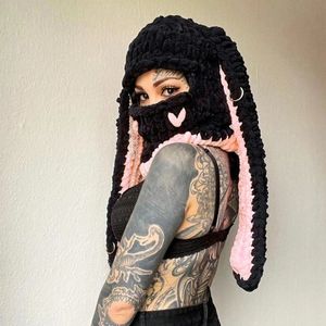 Moda feminina malha rosto cheio máscara de esqui crochê balaclava inverno quente kawaii bonito orelhas de coelho malha balaclava máscara de cobertura facial 240108