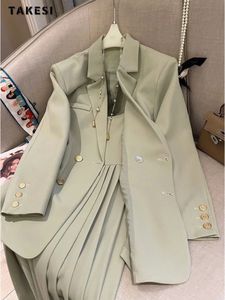 Summer Korean Office Lady 2 Piece Set Women Long Sleeve Loose Blazer Top Suspender Dresses Elegant Two Dress 240108