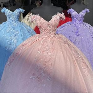 Sukienki Pink Bling cekin koronka słodka 16 quinceanera sukienki z ramion 3D kwiatowe koraliki kurczące