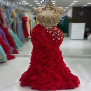 2024 Aso Ebi Red Mermaid Prom Dress Cristais Frisado Tiers Tulle Noite Festa Formal Segunda Recepção Aniversário Vestidos de Noivado Vestidos Robe De Soiree ZJ425