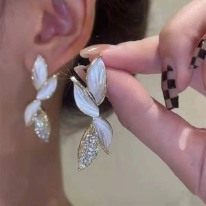 Fashion Leaf Long Crystal Leaf Drop 14k Yellow Gold Earrings for Women Romantic Valentines Day Anniversary Gift Bridal Wedding Party Jewelry