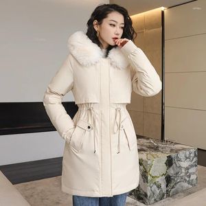 女性用トレンチコート2024ウィンターパーカー韓国の綿ミッドレングスのぬいぐるみ温かい暖かいジャケットフード付きファーライニングスノーウェアの脱毛