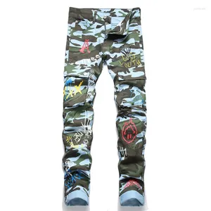 Men's Jeans Printed Camouflage Slim Fit Straight Multi Pockets Cargo Denim Pants Streetwear Punk Style Trousers