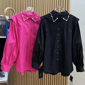 Women's Blouses Luxury Style Beadeds Stitch Cotton Shirts And For Women 2024 Spring Single Breasted Long Sleeve Tops Blusas Camisas