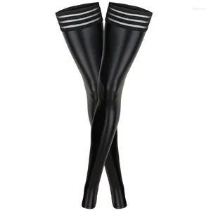 Women Socks Pole Dance Sexy Faux-Leather Stockings Night Club randig elastik över knäets fotlösa länge