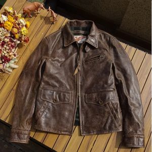 .Men Frosted Tea Core Cowhide Coat.Collect Vintage Brown Real Leather Outwear.slim Soft Fitness Leather Jacket 240108
