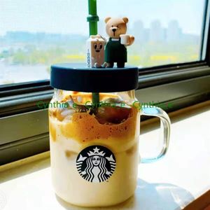 600ml Starbucks Mugs Yaratıcı Ins Mason Saman Kupası Ayı Tarzı Cam Kupası Kadınlar Büyük Kapasiteli Hediye Kupası284i