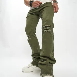 Jeans masculinos moda estiramento verde danificado calças de ajuste fino joelho buracos rasgados homens casuais empilhados flare denim calças