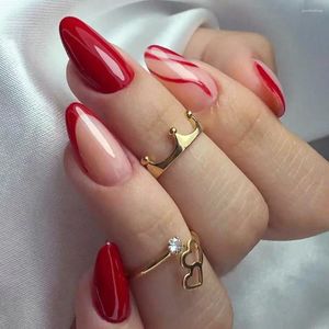 Unghie finte 24 pezzi lunghe linee ondulate rosse francesi blu mandorla stampate su punte staccabili per manicure finte fai da te