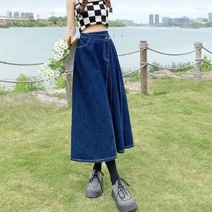 Saias Deeptown Plissado Denim Saia Longa Mulheres Cintura Alta A-Linha Estilo Coreano Patchwork Irregular Midi Verão Moda Casual