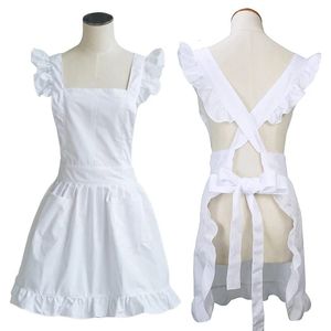 Damen-Mädchen-Rüschen-Umriss-Retro-weiße Schürze, verstellbar, viktorianisches Lätzchen, Dienstmädchen, Cosplay, Küche, Kuchen, Backen, Kochen, Reinigen, 240108