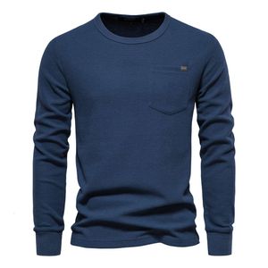 Spring And Autumn Men's High Quality Fashion Round Neck Pocket Waffle Long Sleeved Top Foreign Trade Men's T-shirt