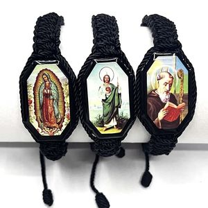 12Pieces Black thread St. Jude the Virgin Mary Reading old man drops oil wood chips double woven hand woven bracelet 240109