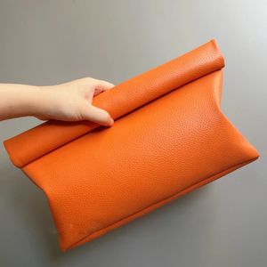 Orange Simple Soft PU Leather Rolled Edge Clutch Bag Women Handbag Retro Casual Makeup Women Bag Cip Bag 240109