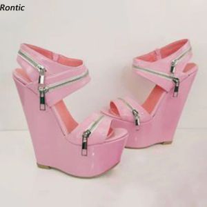 Rontic, женские сандалии-гладиаторы ручной работы с пяткой на пятке, великолепная розовая обувь для вечеринок на танкетке с круглым носком, женские размеры 4-20 в США