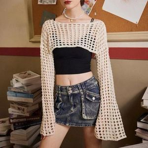 Women's Tanks Women Y2k Crochet Knit Hollow Out Crop Top Long Flared Sleeve Sweater Cardigan Casual Streetwear Vintage Female Clothing