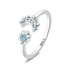 Klaster Pierścienie Panpoki Real 925 Sterling Silver Style Star Moon Open Fit Pierścień Oryginał Fine Women Jewelry Gifts