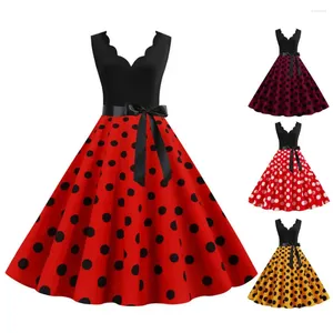 Vestidos casuais mulheres midi vestido flor borda v pescoço rendas até apertado cintura alta arco decoração sem mangas a linha solta hem dot print retro 50s 60s