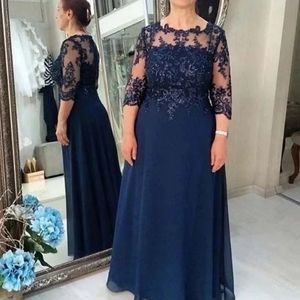 Dark Navy Chiffon Long Mother Of The Bride Dresses O Neck Half Sleeves Elegant Women Special Occasion Prom Gowns Plus Size Floor Length Wedding Guest Dress CL3190