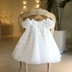 Vestidos da menina princesa vestido de flor para o casamento branco tule applique inchado com arco bonito crianças bebê pageant festa aniversário vestido baile