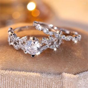 Cluster Rings 2sts lyxiga White Zircon Bridal Sets Charm Tree Leaf Ring Set för kvinnor Silver Color Par Engagement Wedding Bands smycken