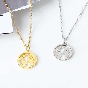 Fashion single simple necklace round world map collarbone women's choker jewelry Q240109