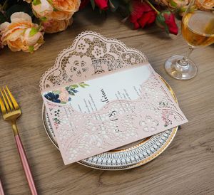 Pink Lace Flower Wedding Invitation With Envelope DIY Fold Personalized Print Greeting Cards For Bridal Shower Quinceanera Party8694729