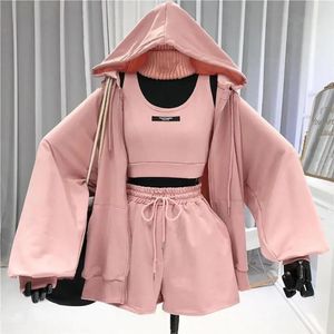 Pants Casual 3 Piece Sets Women Vest+shorts+hooded Zipper Jacket Sportswear Suits Solid Color Sports Tracksuit Women Chandals Mujer