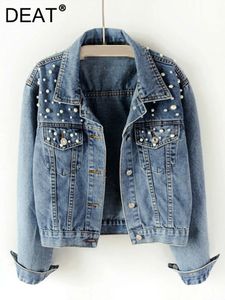 DEAT Fast Delivery Autumn Fashion Womens Denim Jacket Full Sleeve Loose Button Pearls Short Lapel Wild Casual 2024 AP446 240124